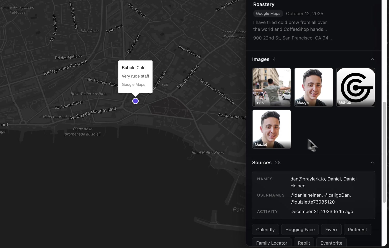 The results panel of a Raven email lookup beside a map of Juan-les-Pins with one mapped review, Bubble Café. The panel lists four images labelled Trello, Google, GitHub, and Quizlet, then a Sources section with names, usernames, an activity range from December 2023 to one hour ago, and chips for services such as Calendly, Hugging Face, Fiverr, and Pinterest.