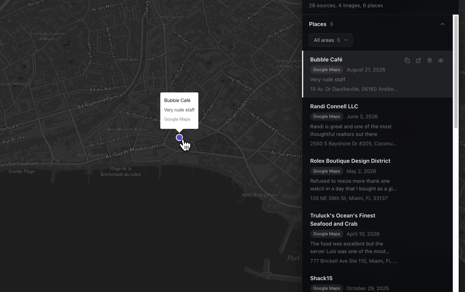 Raven’s Places list from an email lookup beside a dark map of Juan-les-Pins, France. A pin on the map opens a popup reading Bubble Café, Very rude staff, Google Maps. The list shows six Google Maps reviews with dates and addresses, including Bubble Café in Antibes and Randi Connell LLC, Rolex Boutique Design District, and Truluck’s in Miami.