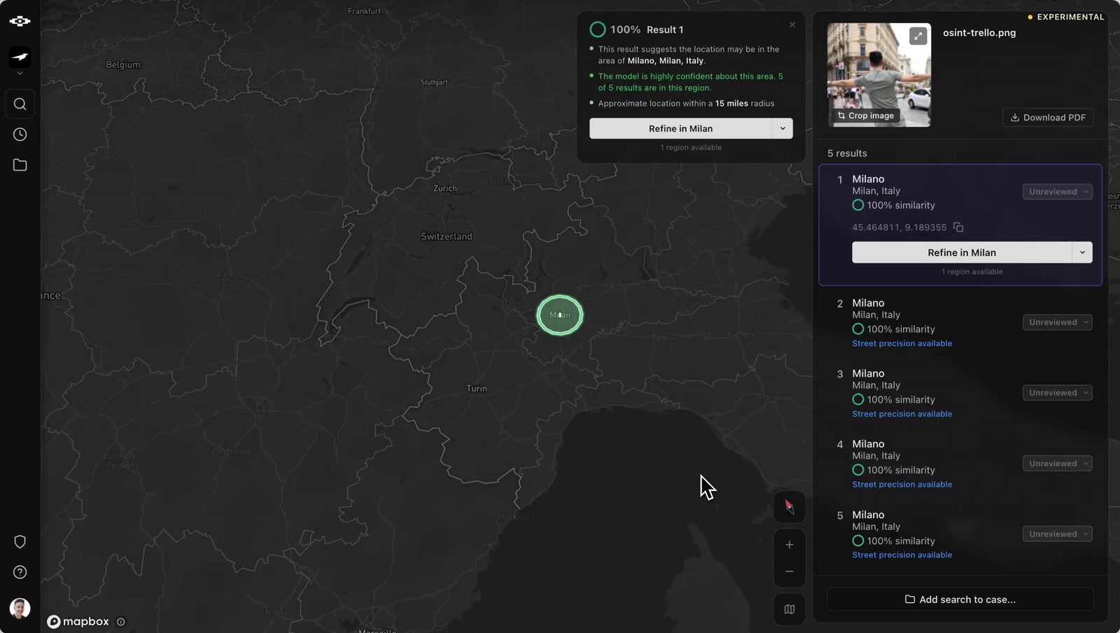 Raven’s Find Region results for the retrieved Trello photograph. A dark map of northern Italy shows a highlighted candidate circle at Milan. A results panel lists five ranked candidates, all Milano, Milan, Italy, each marked Unreviewed, with a Refine in Milan button on the first result and an Add search to case action below.