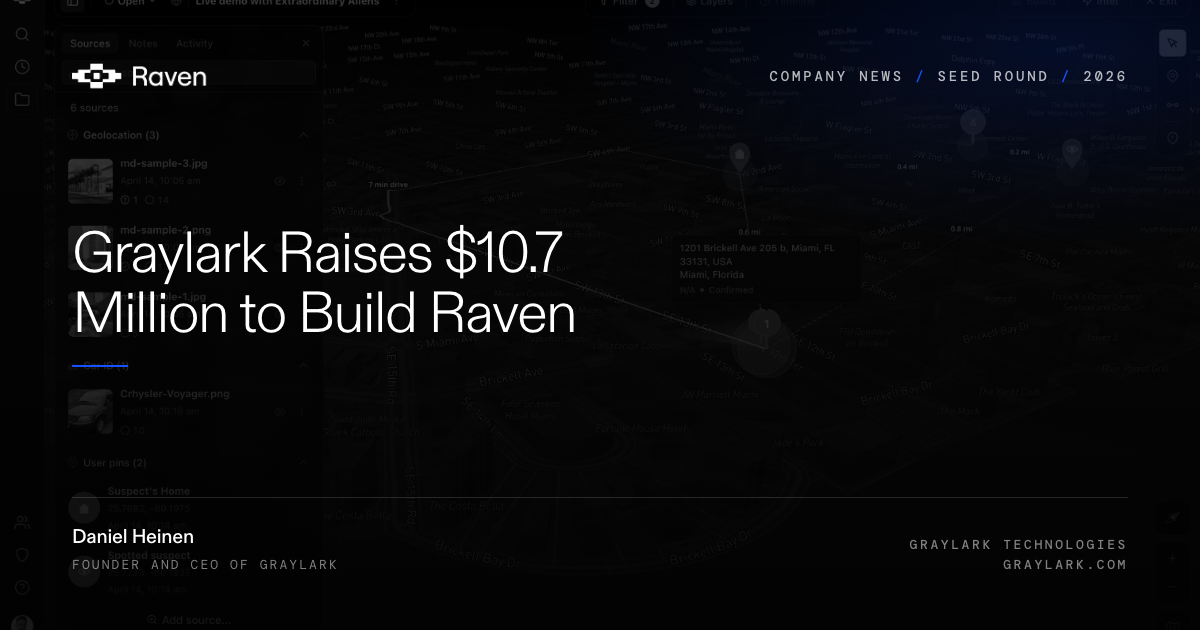 Company news card. Graylark Raises $10.7 Million to Build Raven. Seed round, 2026.