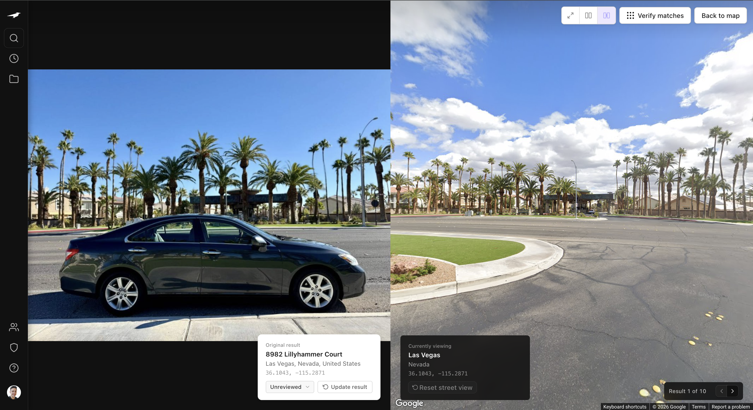 Raven split comparison view: a photograph of a dark sedan parked on a palm-lined residential street beside street-level reference imagery of the candidate address, 8982 Lillyhammer Court, Las Vegas, Nevada, result 1 of 10