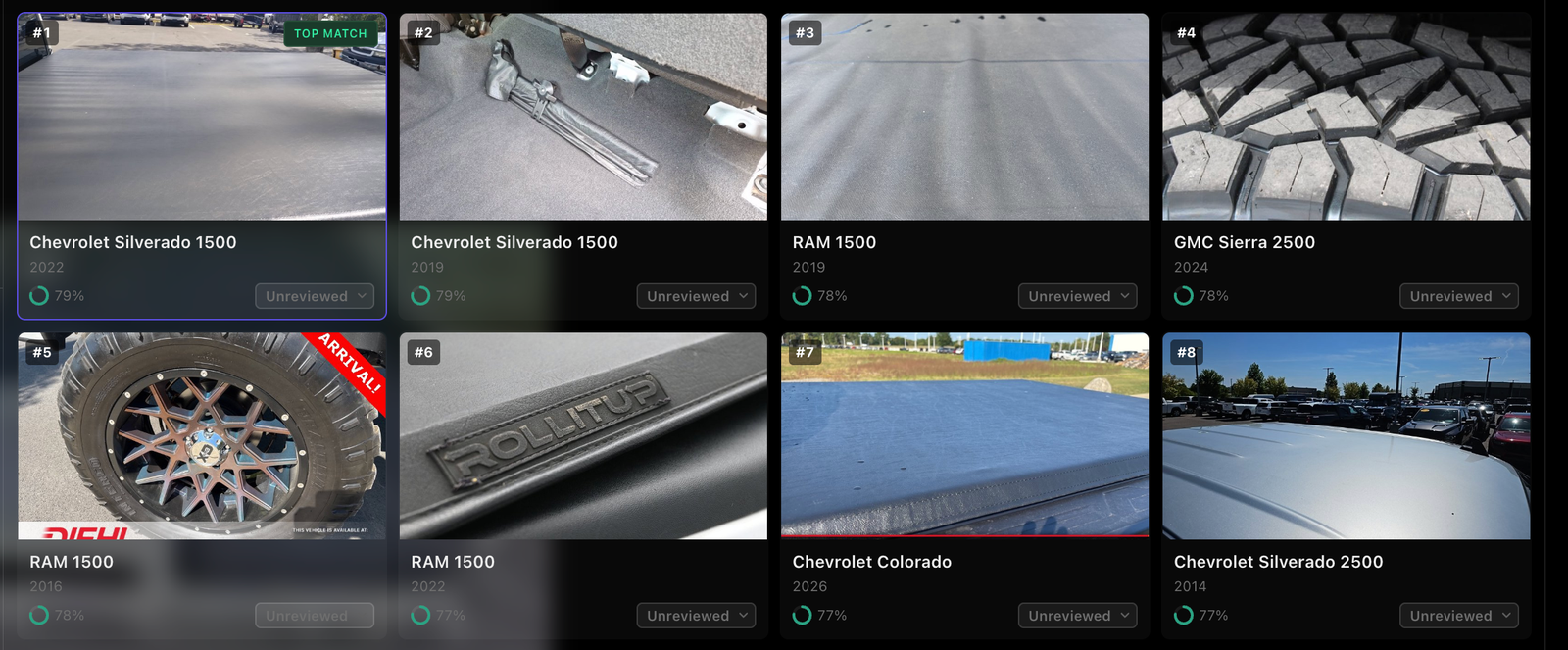 Raven Identify Car result: the first eight of ten ranked candidates, each with a reference image, make, model, year, and similarity score, from 1, a 2022 Chevrolet Silverado 1500 at 79% marked Top match, to 8, a 2014 Chevrolet Silverado 2500 at 77%, all marked Unreviewed