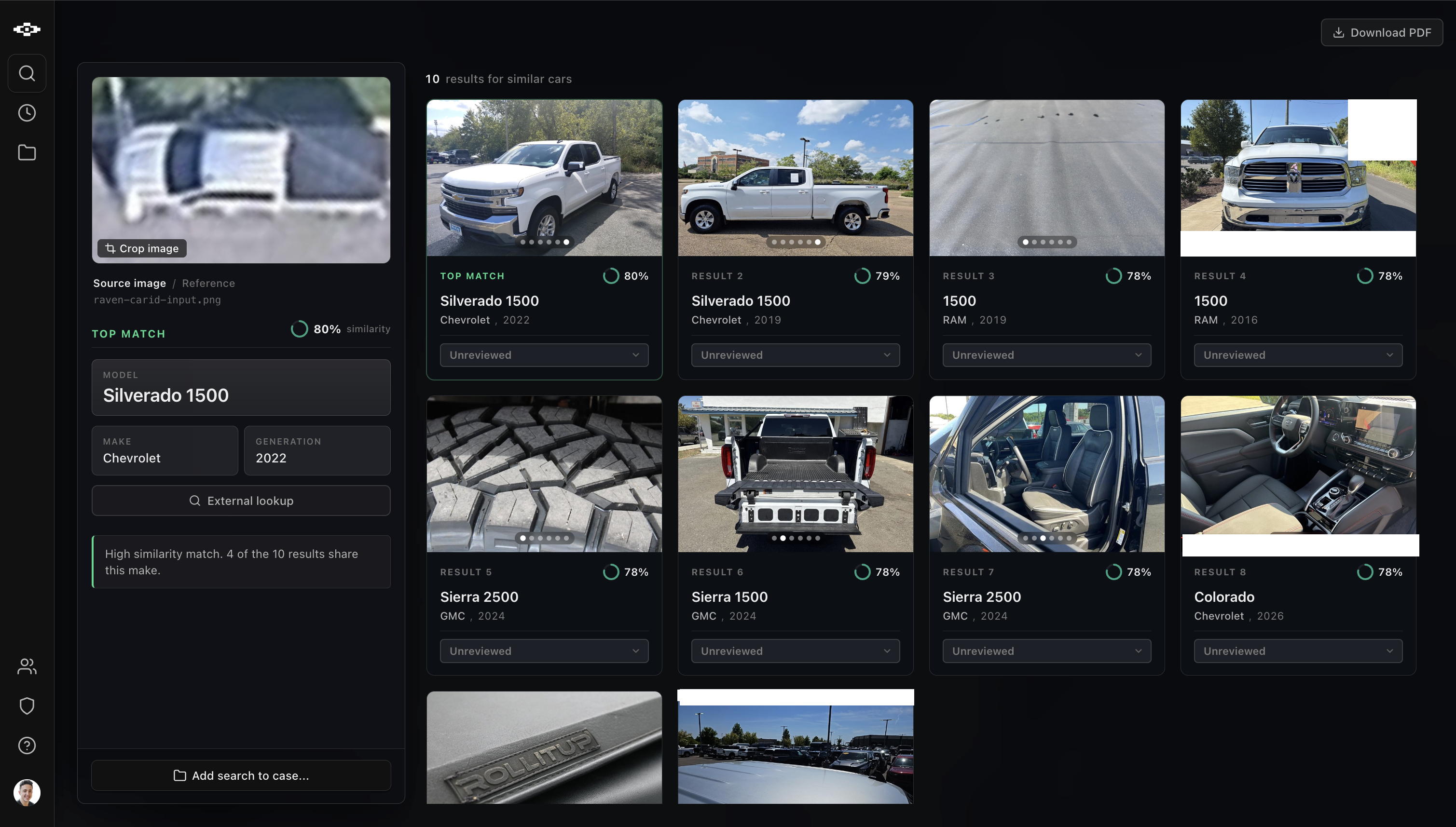 CarID workspace: source image with identification result (Chevrolet Silverado 2500, 2014, 77% match) beside 10 candidate matches ranked by visual similarity