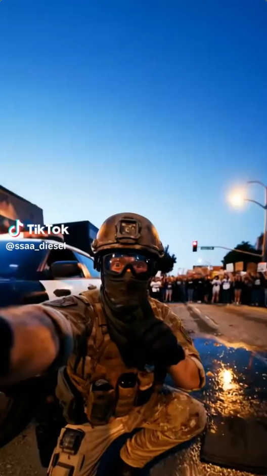Analyzed image: a person in tactical gear on a street, flagged as AI-generated