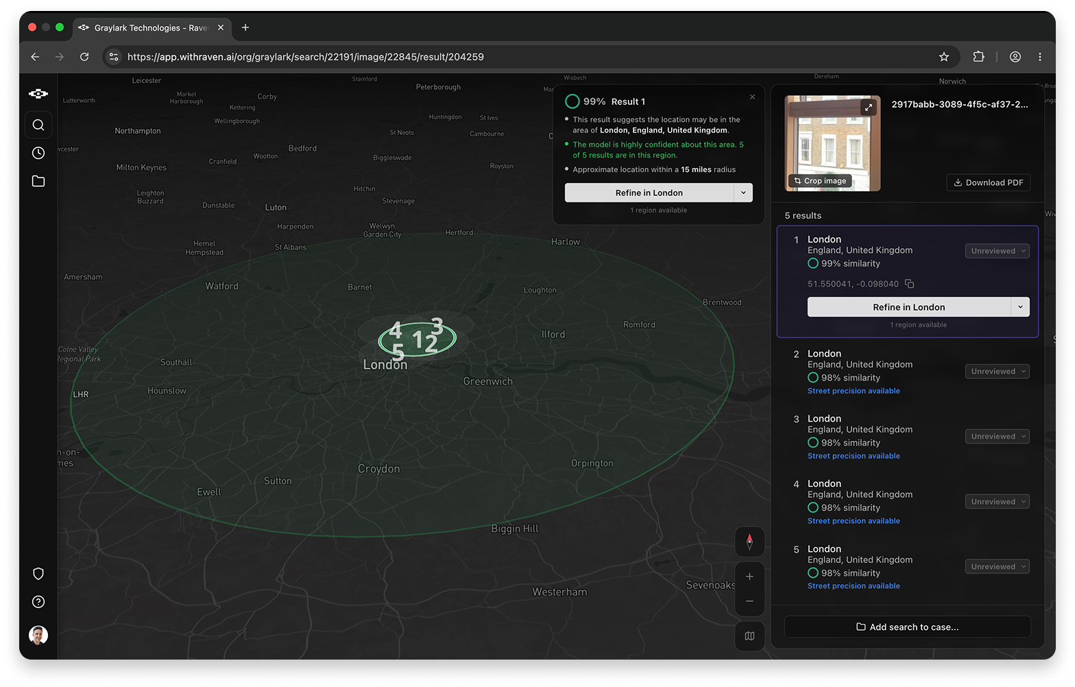 Raven Find Region result: a map of Greater London with five ranked candidates, London scored at 99 percent