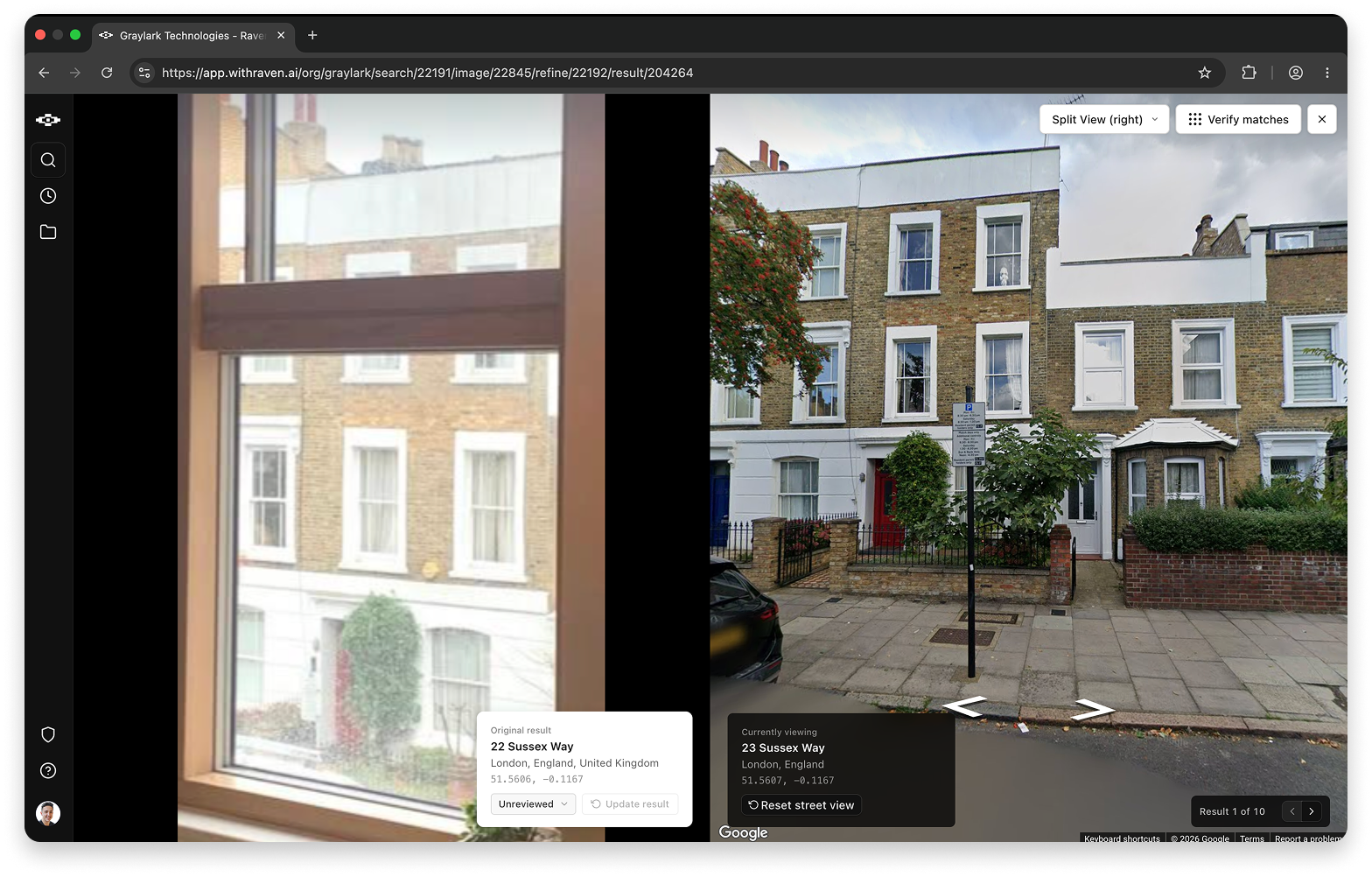 Raven Find Street split view: the source photograph of a brick terrace seen through a window beside street-level imagery of 22 Sussex Way, London