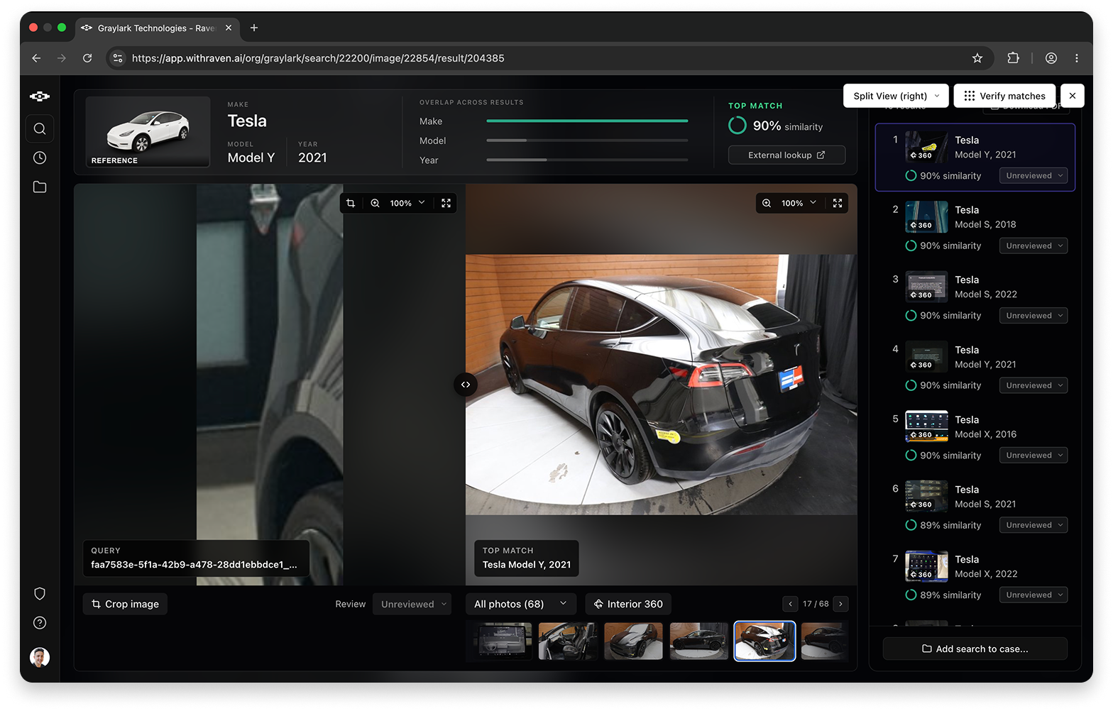 Raven Identify Car result: a partial reference frame beside the top match, a 2021 Tesla Model Y at 90 percent similarity, with ranked candidates