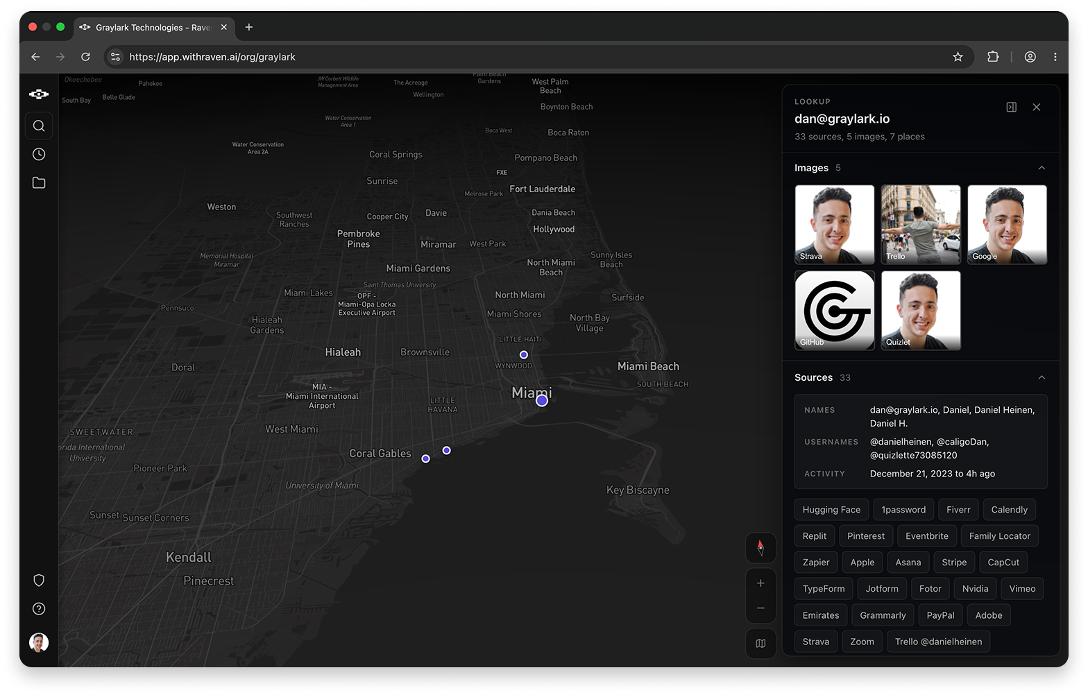 Raven Live Intelligence result for one email address: 33 sources, five images from Strava, Trello, Google, GitHub and Quizlet, and seven places pinned on a map of Miami