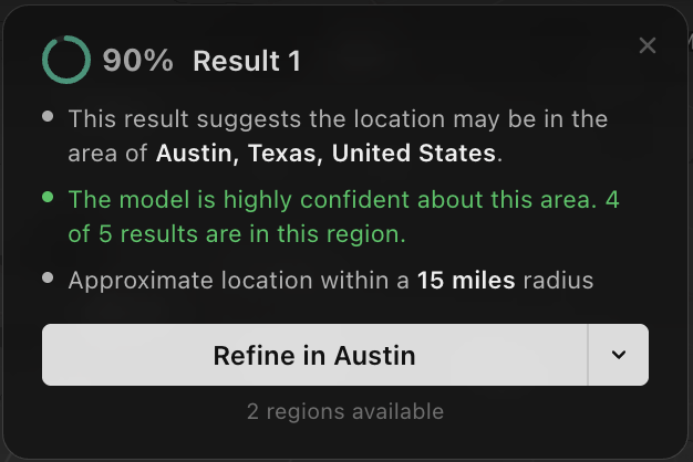 Raven result detail: Austin, Texas at 90 percent similarity, 4 of 5 results in this region, an approximate 15-mile radius, and a Refine in Austin button