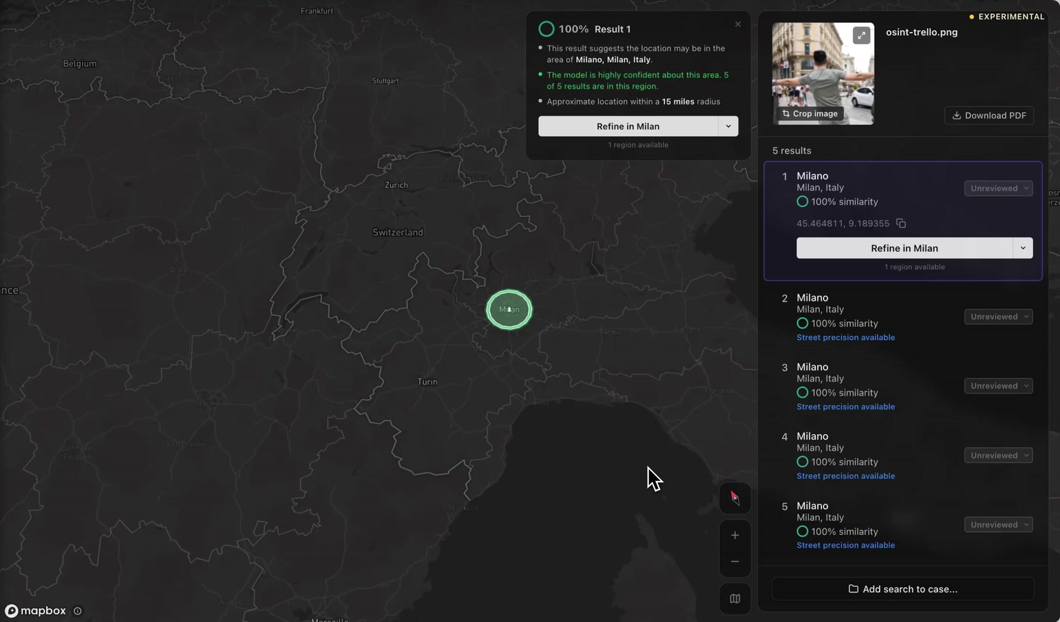 Raven Find Region result for the retrieved photograph: five of five results in Milano, Milan, Italy, 100% similarity, approximate location within a 15-mile radius, and a ring around Milan on the map