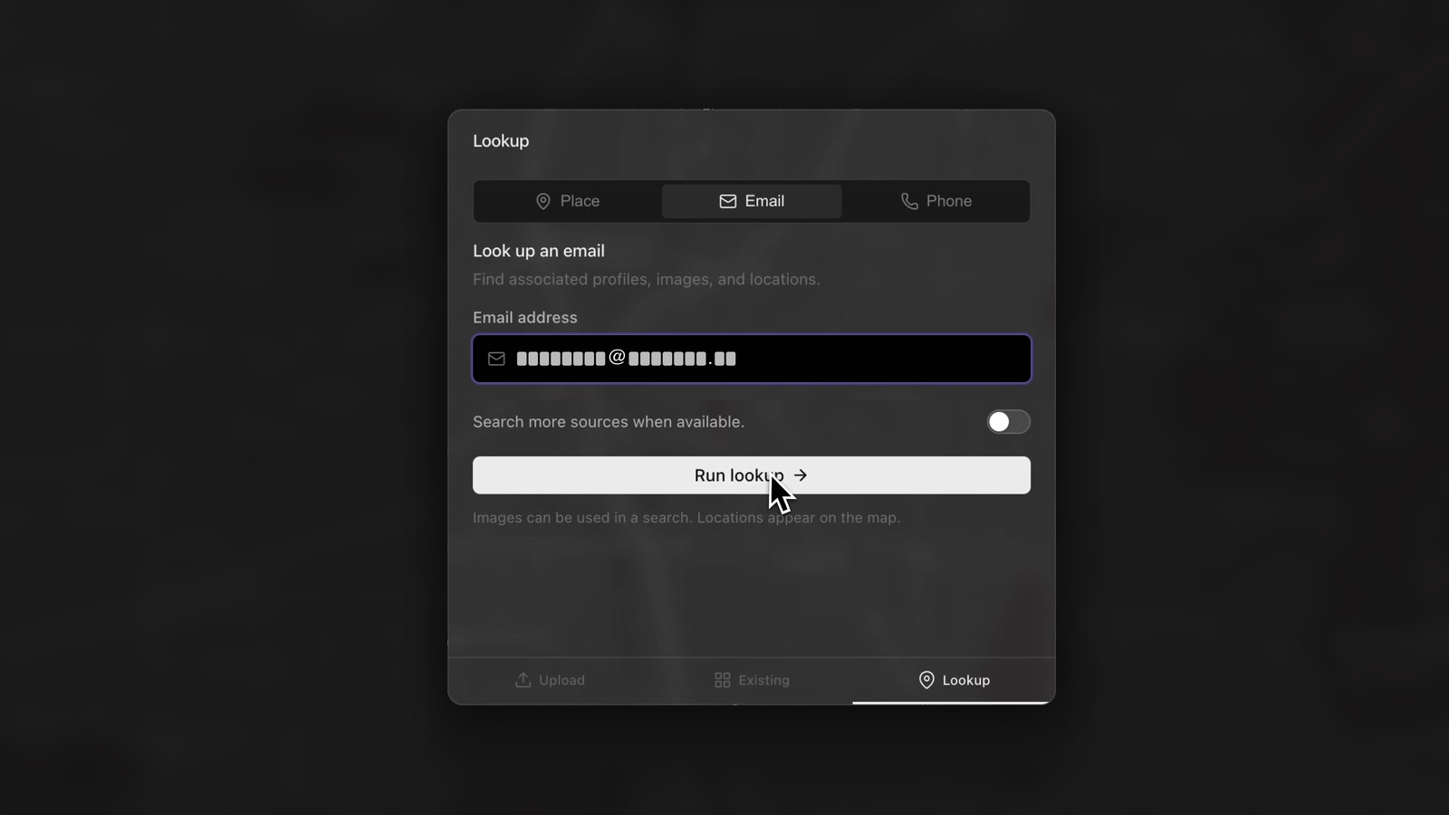 Raven's Lookup card with the Email tab selected. The email address in the field is masked, and the pointer rests on Run lookup.