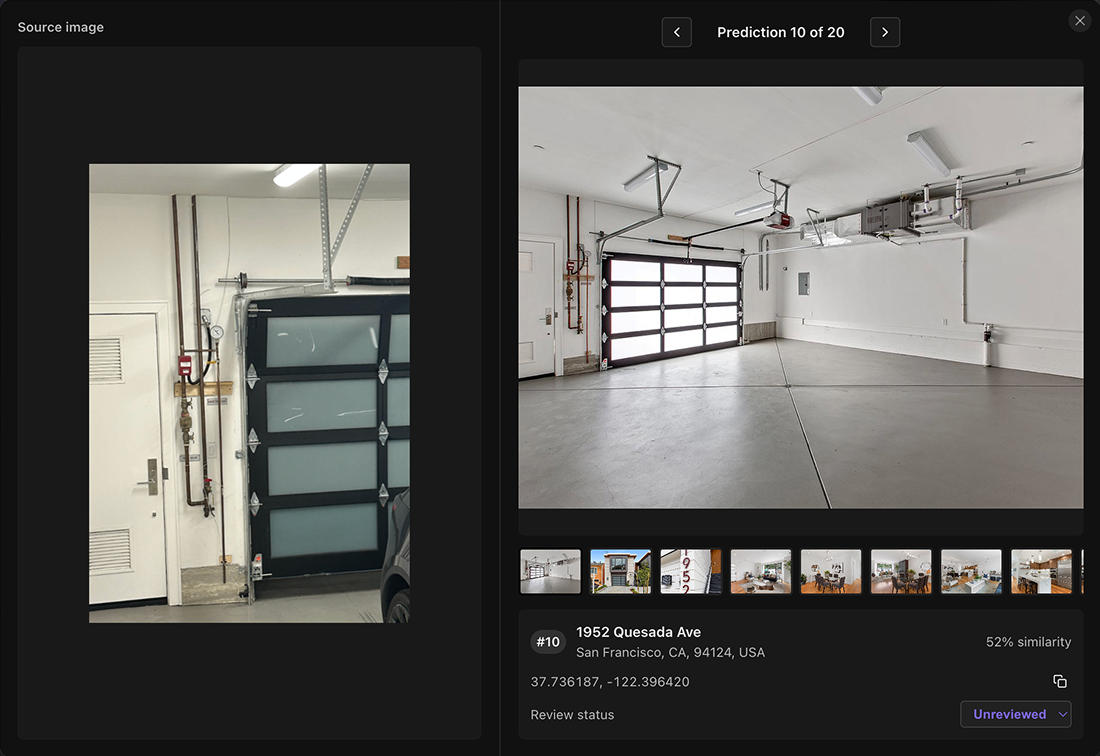 Side-by-side review in Raven: a source photo of a garage beside the candidate’s own garage photograph and its property images, 1952 Quesada Ave, San Francisco, prediction 10 of 20 at 52% similarity, review status Unreviewed