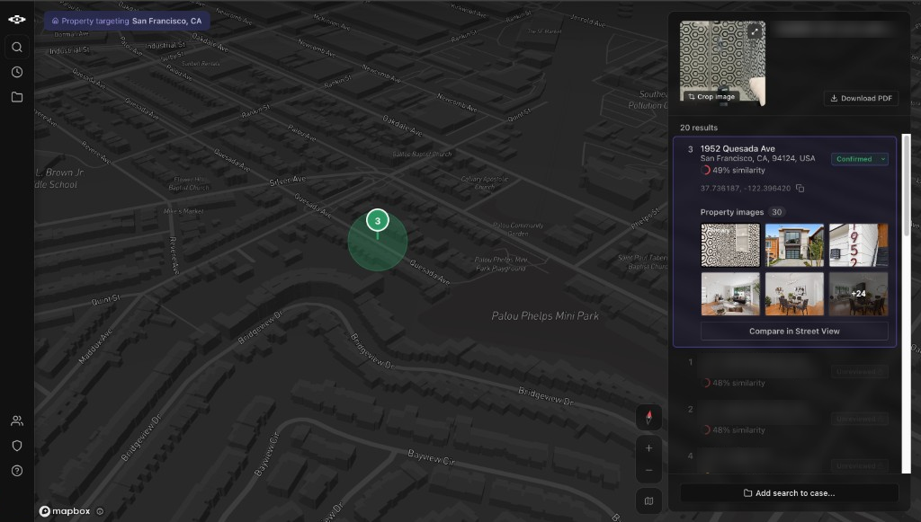 Raven Find Property result in San Francisco: a map with candidate 3 pinned, and a results panel with 1952 Quesada Ave marked Confirmed at 49% similarity, with its coordinates and 30 property images