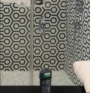 The source photograph: a shower enclosure with black and white hexagonal wall tile, taken close up with no windows, signage, or exterior view