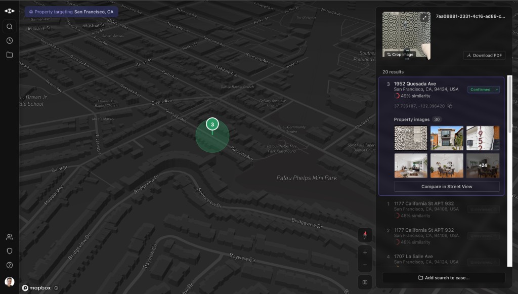 Find Property result in San Francisco: a confirmed candidate pinned on the map beside twenty ranked addresses with similarity scores and property images