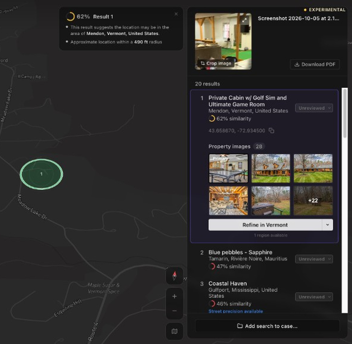 Raven result, marked Experimental: Result 1, Private Cabin w/ Golf Sim and Ultimate Game Room, Mendon, Vermont, United States, at 62% similarity, with coordinates 43.658670, -72.934500 and 28 property images. On the map, the result sits within an approximate 490 ft radius; results 2 and 3 follow in the list of 20.