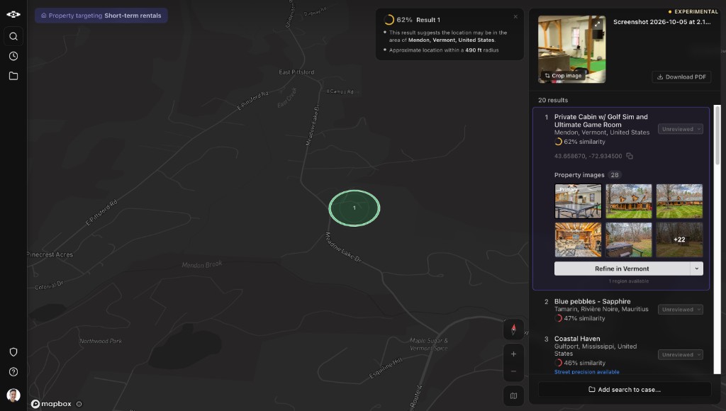 Raven result screen with property targeting set to short-term rentals: Result 1 on the map in Mendon, Vermont, United States, at 62% similarity within an approximate 490 ft radius, beside a list of 20 results