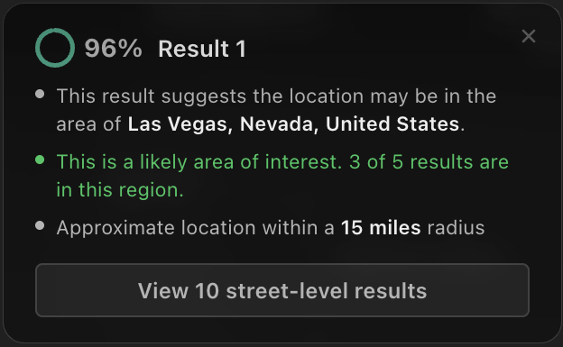Raven Find Region result detail: Las Vegas, Nevada at 96 percent similarity, 3 of 5 results in this region, an approximate 15-mile radius, and a View 10 street-level results button