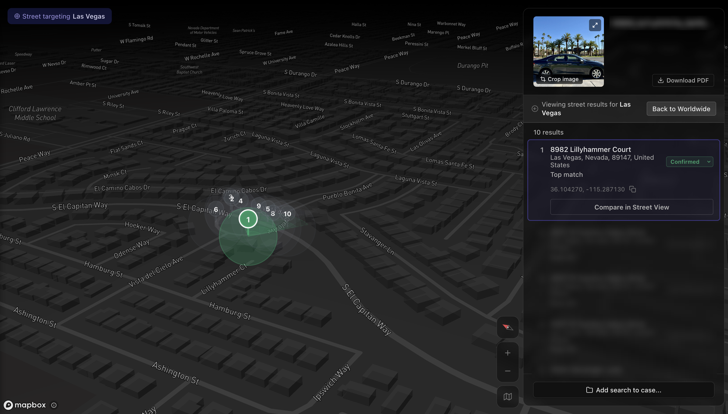 Raven Find Street result in Las Vegas: ten ranked candidates on a 3D street map, with the top match, 8982 Lillyhammer Court, marked Confirmed