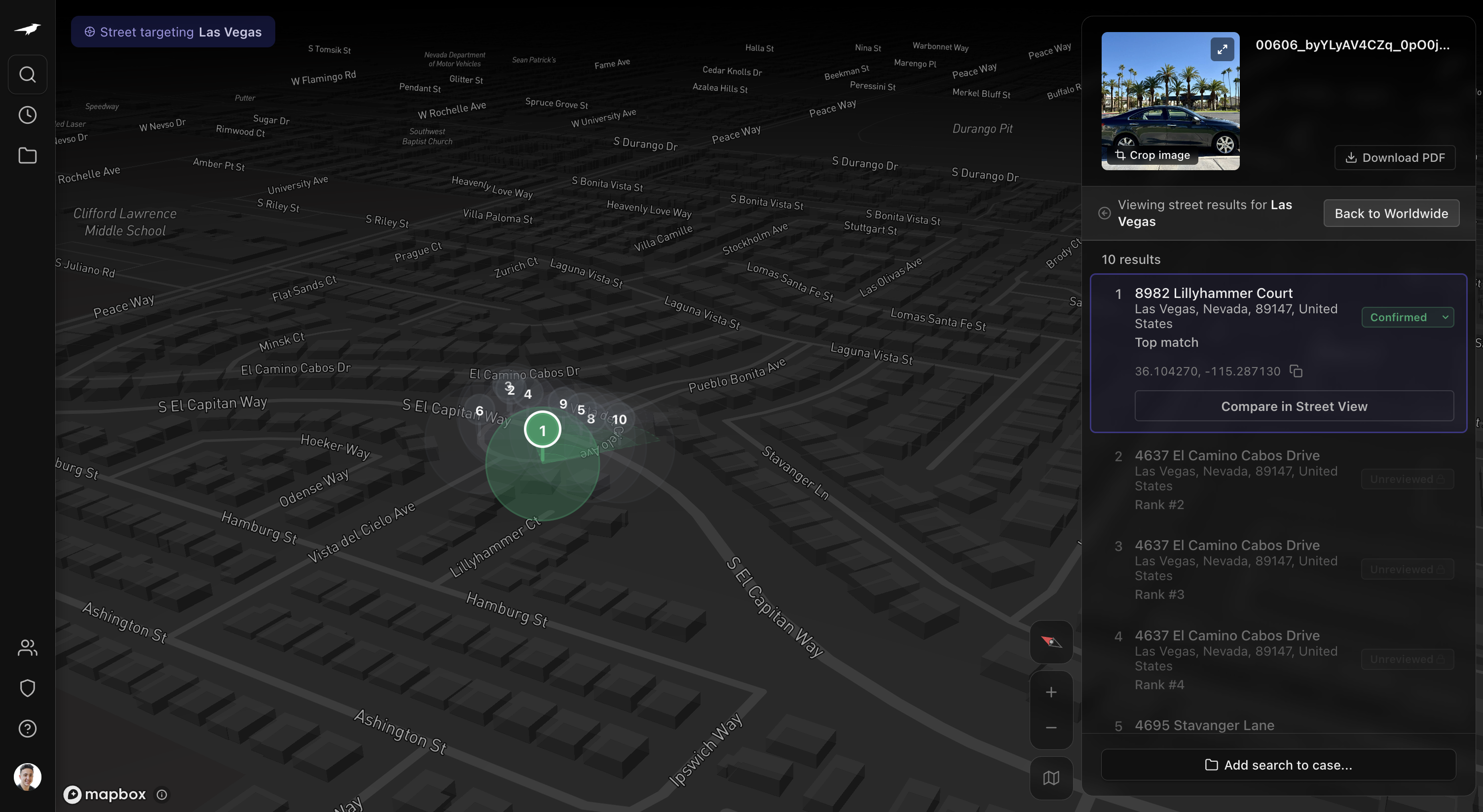 Raven Street Targeting narrowing a low-context image to ranked street-level matches