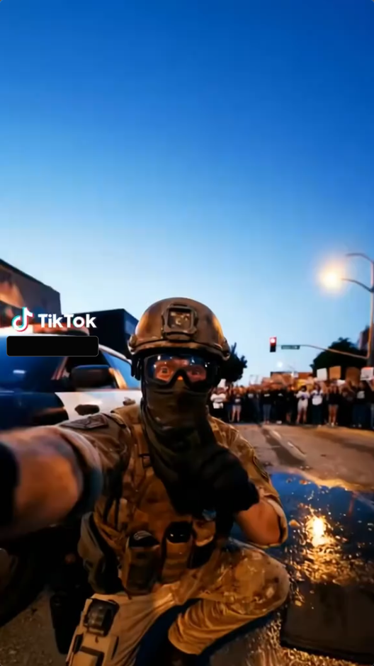 The example frame, made with Higgsfield: a person in tactical gear, masked and wearing goggles, crouched on a street at dusk with a crowd behind. A TikTok watermark, with the account username redacted.