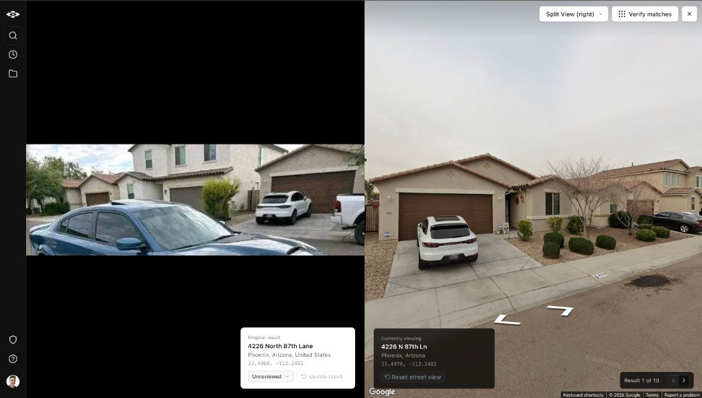 Side-by-side review: the blue sedan source photo next to street-level imagery of 4226 North 87th Lane, Phoenix — the same house and driveway in both.