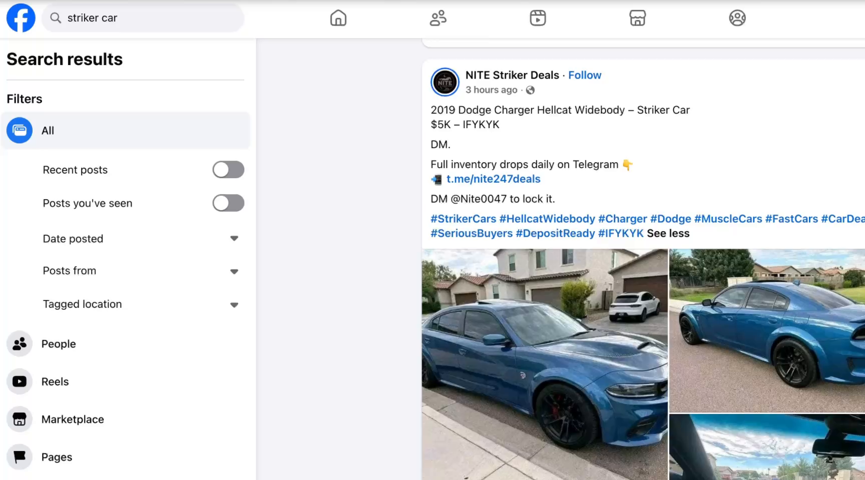 A social media search results page for the phrase striker car. A post advertises a blue 2019 Dodge Charger Hellcat Widebody for $5,000 with in-group hashtags and a messaging-app link, above three photographs of the car parked in a residential driveway.