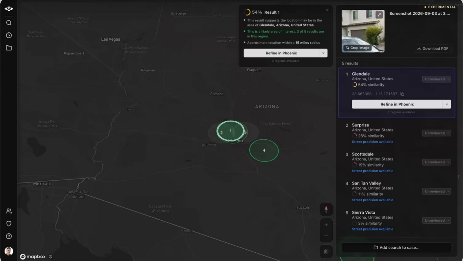 Raven's Find Region interface. A dark map of Arizona shows five numbered candidate regions clustered around Phoenix. A results panel lists the ranked candidates with similarity scores, the submitted photograph, and a Refine in Phoenix button.