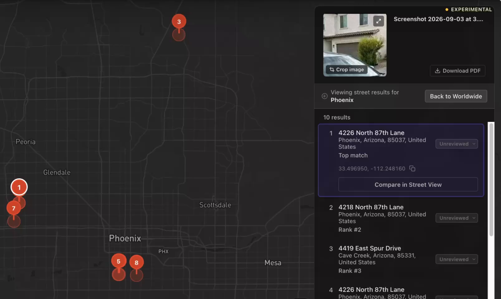 Raven's Find Street interface. Ten ranked address candidates for the Phoenix area appear as numbered pins on a dark map, with the top match selected in a side panel beside a Compare in Street View button.