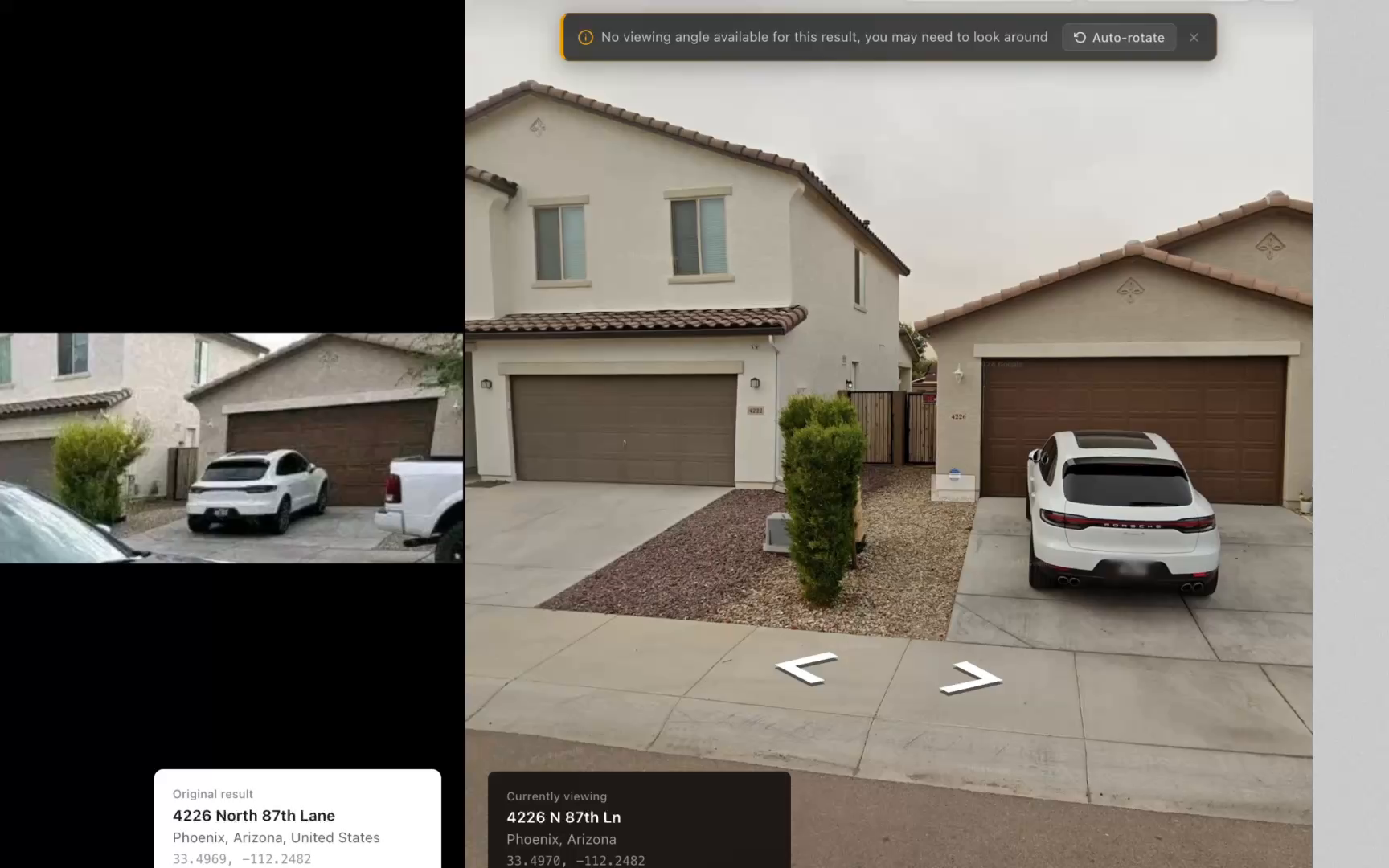 Raven's comparison view. The source photograph of the blue Charger in a driveway sits on the left. Street-level imagery of the same two-story house, brown garage doors, gravel landscaping, and a white SUV in the neighboring driveway fills the right.