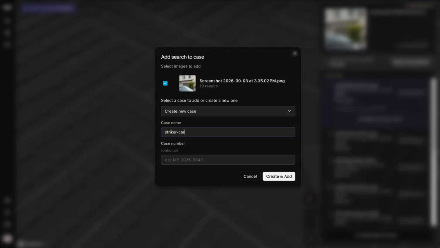 Raven's Add search to case dialog. The screenshot is selected, Create new case is chosen, and a case name has been typed in, with Cancel and Create and Add buttons below.