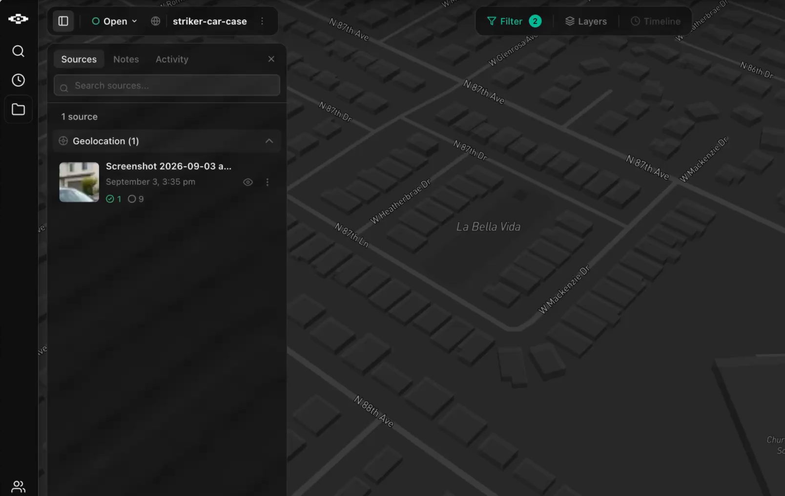 The Raven case workspace. A sources panel lists one geolocation source with its review state, beside a dark three-dimensional map of the surrounding residential streets with filter, layers, and timeline controls.