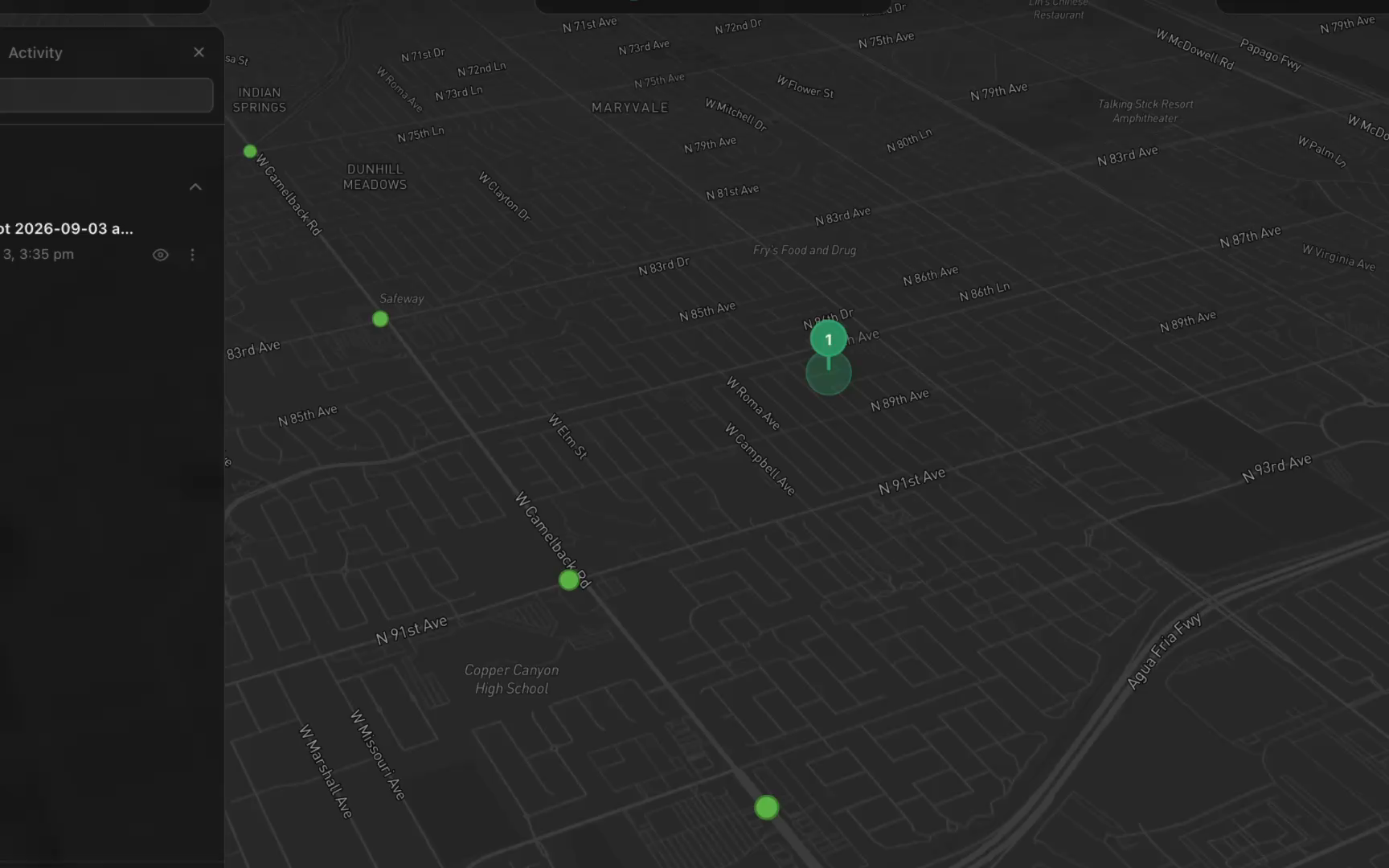 The Raven case map. The selected geolocation result appears as a numbered marker among residential streets, and several green markers along major roads indicate known nearby license plate reader camera locations.