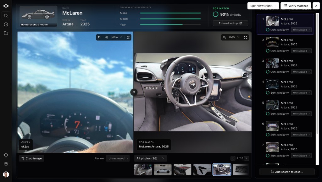 Identify Car on an interior view: a casual driver's-seat photograph matched to a McLaren Artura 2025 interior at 90 percent similarity, with ranked candidates.