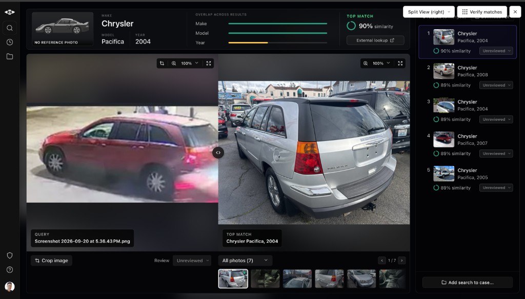 Identify Car on a blurry security-camera frame: a low-resolution red SUV matched to a Chrysler Pacifica 2004 at 90 percent similarity, with ranked candidates.
